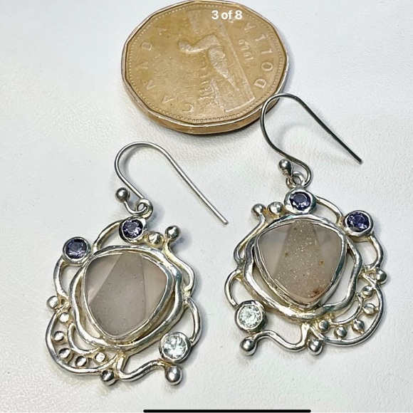 Sterling Silver Earrings Big Drop Druzy Iolite Topaz Stones - Picture 2 of 6